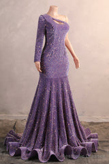 One Shoulder Purple Prom Dresses Sequin Mermaid Long Evening Formal Dresses
