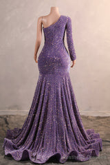 One Shoulder Purple Prom Dresses Sequin Mermaid Long Evening Formal Dresses