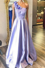 One Shoulder Purple Satin Long Evening Prom Dresses with Flowers, Purple Formal Evening Dresses