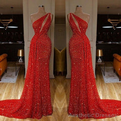 One Shoulder Red Prom Dress Sequins Long On Sale
