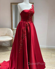 One Shoulder Satin Floor Length Evening Prom Dresses Appliques