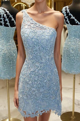 One Shoulder Short Lace Evening Prom Dresses, Short Lace Formal Homecoming Dresses