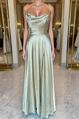 Open Back Sage Satin Long Evening Prom Dresses with High Slit, Long Sage Formal Graduation Evening Dresses