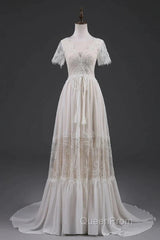 Open Back Short Sleeves V-Neck Lace Beach Wedding Dresses