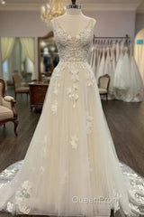 Open Back V-Neck A-Line Wedding Dresses, Bridal Gown ,Dresses For Brides