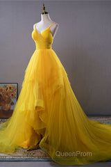 Open Back V Neck High Low Yellow Tulle Long Evening Prom Dresses, High Low Yellow Formal Evening Dresses