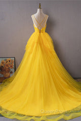 Open Back V Neck High Low Yellow Tulle Long Evening Prom Dresses, High Low Yellow Formal Evening Dresses
