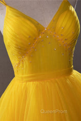 Open Back V Neck High Low Yellow Tulle Long Evening Prom Dresses, High Low Yellow Formal Evening Dresses