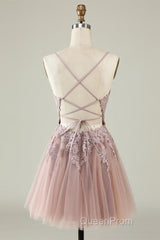 Open Back V Neck Pink Lace Appliques Evening Prom Dresses, Pink Lace Homecoming Dresses, Short Pink Formal Graduation Evening Dresses