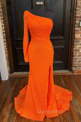 Orange Long Sleeve Sequined Evening Prom Dresses With Slit