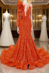 Orange Mermaid One Sleeve Evening Prom Dresses Sequined Lace Jewel Ruffles Evening Party Dresses with Appliques