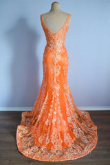 Orange Mermaid Spaghetti Straps Sequins Applique Long Evening Prom Dresses Tulle Evening Dresses