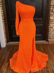 Orange Sequins Long Sleeve Split Prom Dress