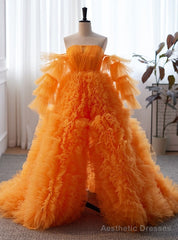 Orange Tulle  Strapless Pleats Prom Dress