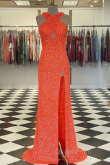 Cross Front Hot Pink Sequins Mermaid Long Formal Dresses
