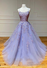 Purple Lace Long Prom Dresses, A-Line Backless Evening Dresses