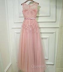 Pink Lace Tulle Long A Line Evening Prom Dresses, Pink Evening Dresses, 1