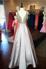 Pearl Beaded V Neck Long Silver Satin Evening Prom Dresses Floor Length