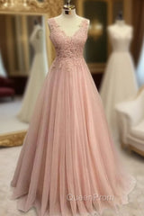 Pearl Pink Evening Prom Dresses, A-line V Neck Sleeveless Long/Floor-Length Tulle Glitter Evening Prom Dresses With Appliqued Beading