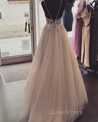 Pearl Pink Tulle Evening Prom Dresses V Neck Appliques