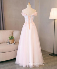 Light Pink Lace Off Shoulder Lonng Evening Prom Dresses, Pink Evening Dresses