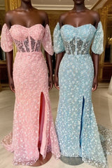 Pink 3D Floral Lace Sweetheart Mermaid Long Evening Prom Dresses with Slit