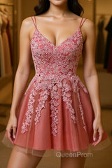 Pink A-line Double Straps V Neck Lace-Up Applique Mini Homecoming Dresses