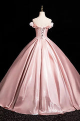 Pink A-Line Off Shoulder Satin Long Evening Prom Dresses, Beautiful A-Line Off The Shoulder Party Dresses