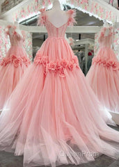 Pink A-Line Off The Shoulder Lace Tulle Long Evening Prom Dresses, Sweet 16 Dresses