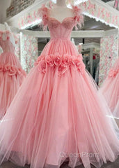 Pink A-Line Off The Shoulder Lace Tulle Long Evening Prom Dresses, Sweet 16 Dresses