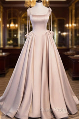 Pink A Line Satin Long Evening Prom Dresses Formal Evening Dresses