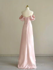 Pink A-Line Satin Long Evening Prom Dresses, Off Shoulder Pink Long Evening Dresses