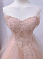 Pink A-Line Tulle Beaded Off Shoulder Long Party Dresses, Pink Tulle Evening Prom Dresses