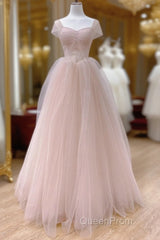 Pink A-Line Tulle Beaded Off Shoulder Long Party Dresses, Pink Tulle Evening Prom Dresses
