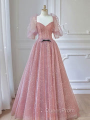 Pink A-line tulle lace long Evening Prom Dresses, pink lace formal Dresses