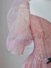 Pink A-line tulle lace long Evening Prom Dresses, pink lace formal Dresses