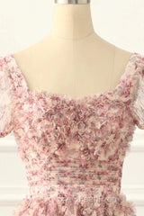 Pink A-Line Tulle Pleated Floral Long Evening Prom Dresses Adult Ceremony Graduation Evening Prom Dresses