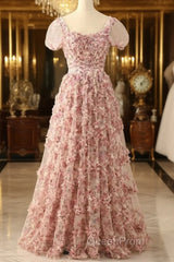 Pink A-Line Tulle Pleated Floral Long Evening Prom Dresses Adult Ceremony Graduation Evening Prom Dresses