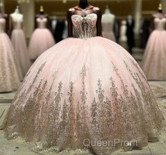 Pink Ball Gown Tulle Off-the-Shoulder Quinceanera Dresses with Sequins