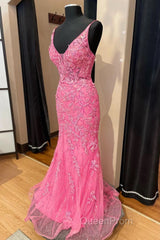 Pink Corset Evening Prom Dresses Elegnat A Line Deep V Neck Party Evening Dresses with Appliques