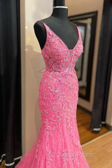 Pink Corset Evening Prom Dresses Elegnat A Line Deep V Neck Party Evening Dresses with Appliques