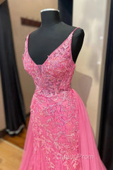Pink Corset Evening Prom Dresses Elegnat A Line Deep V Neck Party Evening Dresses with Appliques