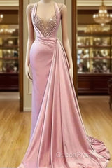 Pink Evening Dresses A-Line V-Neck Floor Length Sequins Long Turkey Dubai Saudi Arabic Evening Gown Evening Prom Dresses