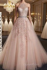 Pink Halter Neck Lace Evening Prom Dresses, Pink Halter Neck Long Lace Formal Evening Dresses