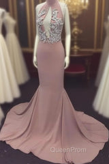 Pink High Neck Long Evening Prom Dresses For Teens, Evening Dresses