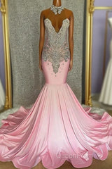 Pink High Neck Mermaid Beading Satin Evening Prom Dresses