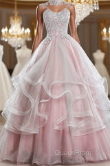 Pink high neck tulle lace long Evening Prom Dresses, pink sweet 16 Dresses
