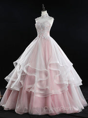 Pink high neck tulle lace long Evening Prom Dresses, pink sweet 16 Dresses