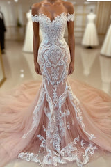 Pink Lace Applique Cap Or Long Sleeves Fishtail/Mermaid Wedding Dresses With Train, Evening Prom Gown