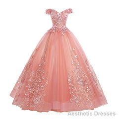 Pink Lace Flower Off Shoulder Sweet 16 Dress, Pink Long Prom Dresses Quinceaner Dress